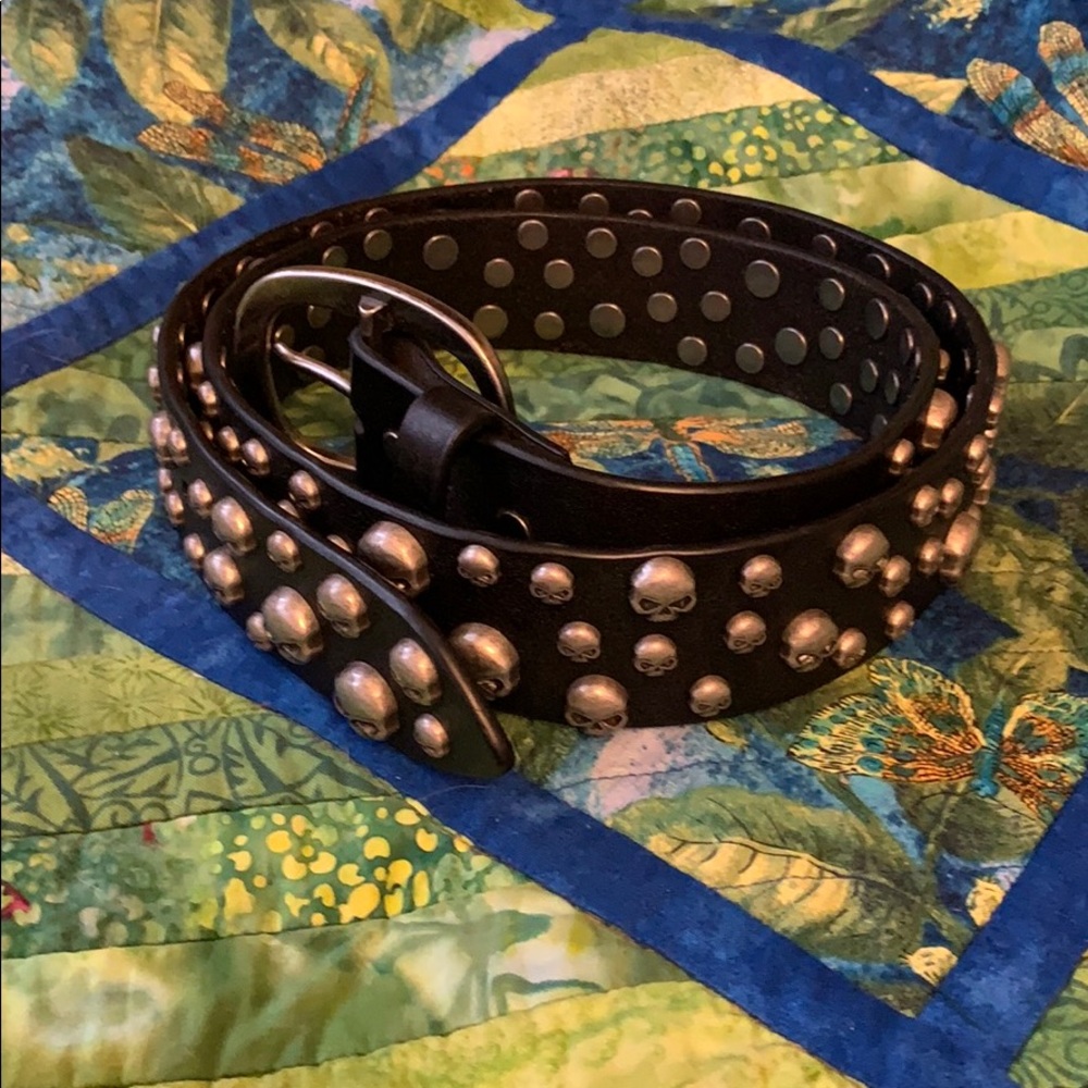 Black Leather Studded Skull Belt - Unbranded